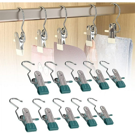 10PCS Space-Saving Clothespin Hat Pants Storage Hanging Travel Hook, 360° Rotating Stainless Steel Metal Hanging Hook Clips, Hanger Clips Towel Clips Boot Hangers for Closet (Black, 10 PCS)
