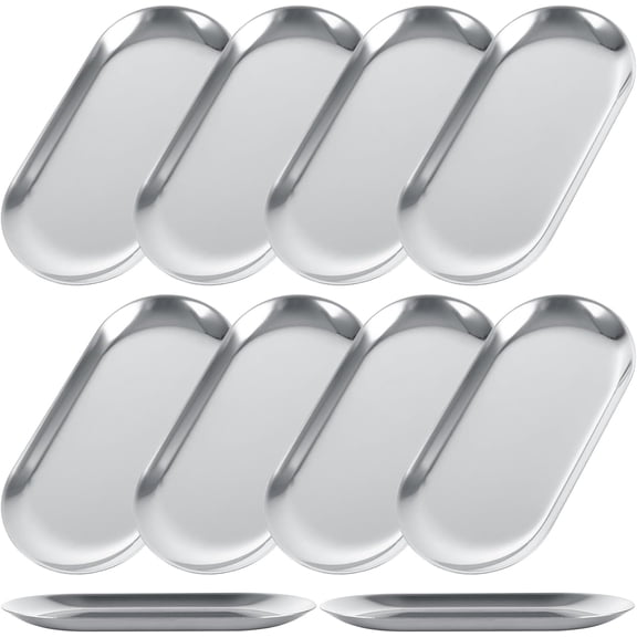 10PCS Stainless Steel Serving Tray Set Silver Platters for Serving Food Extra Small Metal Trays Decorative 7" Long Plate Oval Storage Tray Thickened Serving Dishes for Party Buffet Sushi Snack