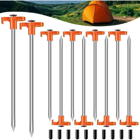10PCS Tent Stakes,Heavy Duty Camping Tent Stakes Non-Rust Metal Tent Pegs for Garden,Hiking,Canopies,Tarp with 10pcs Rubber Protective Sleeve (Orange)