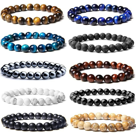 10PCS Tiger Eye Bracelet For Men 8MM Natural Stone Beads Bracelet Set Stretch Lava Rock Bracelets Adjustable Black Crystal Beaded Bracelet for Men Women