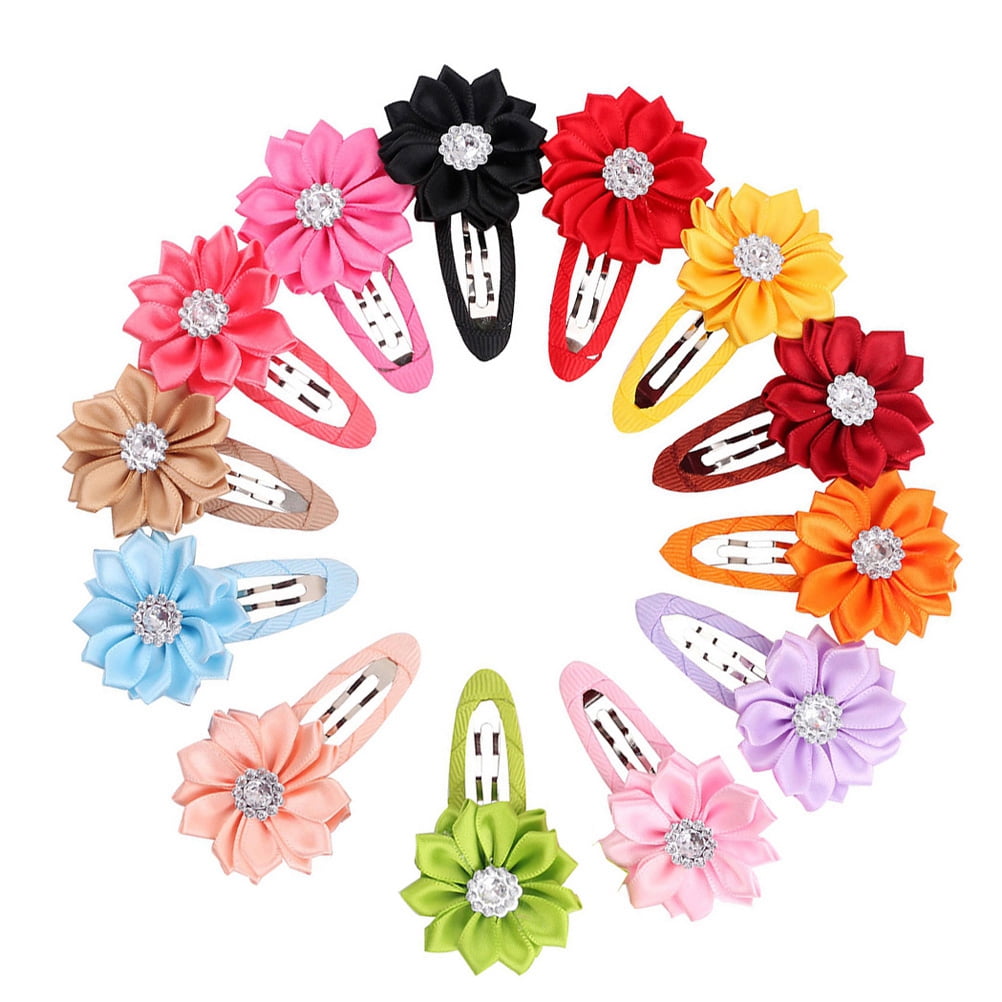 10PCS Toddlers Baby Girls Kids Teens Hair Bows Alligator Clips Flower Barrettes Ribbon Flower with Rhinestone (Random Color)