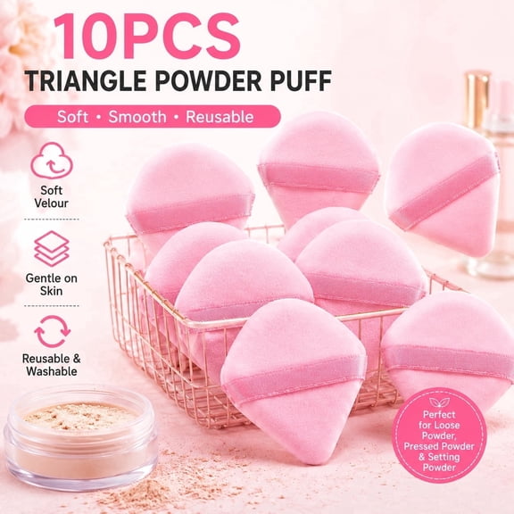 10PCS Triangle Powder Puff for Face Makeup, Soft Velour Powder Puffs for Loose Powder, Setting Powder & Pressed Powder, Reusable Makeup Applicator with Finger Strap, Pink