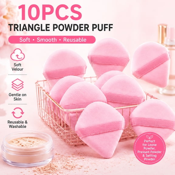 10PCS Triangle Powder Puff for Face Makeup, Soft Velour Powder Puffs for Loose Powder, Setting Powder & Pressed Powder, Reusable Makeup Applicator with Finger Strap, Pink