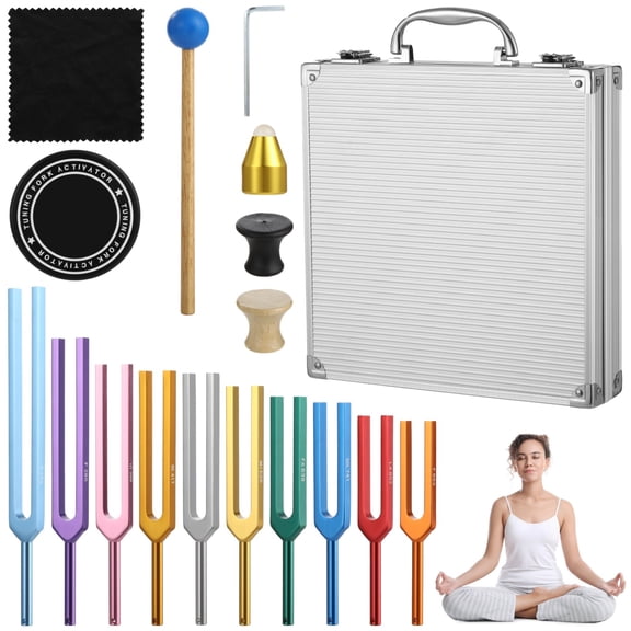 10PCS Tuning Fork Set with Mallet, Bases and Box, Multi-Color Chakra Tuning Forks with Aluminum Alloy Case, Tuning Forks for Sound Therapy Yoga Meditation