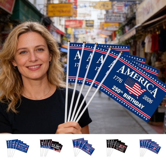 10PCS U.S. 250th Anniversary Hand Held Stick Flags, 1776-2026 America Semiquincentennial Small Mini Flags on Stick for 4th of July, Patriotic Independence Day Parade Decorations Party Supplies,L