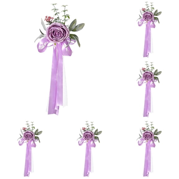 10PCS Wedding Chair Decorations Aisle Artificial Flowers Rose Garland with Hanging Ribbons for Ceremony Reception Arrangement Party Wedding Decor(Purple)