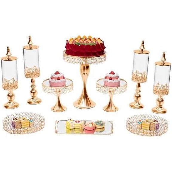 10Pcs Gold Cake Stand Set with Crystal Chains, Round Acrylic Fruit Dessert Plate Display Tower Cake Holder Set for Wedding Birthday Christmas Festival Party$$Home Decor, Kitchen, & Other