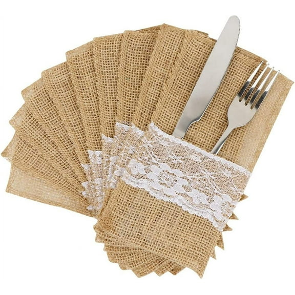 10PCS Wedding Natural Burlap Lace Utensil Holders Pouch Burlap Silverware Cutlery Pouch Tableware Holder Bag for Rustic Wedding Bridal Shower Decorations