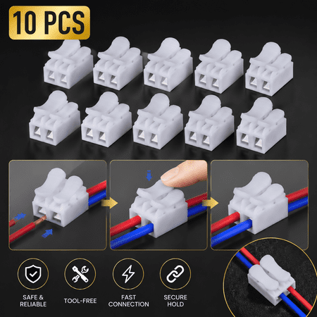 10PCS White CH2 Quick Wire Cable Connectors, 2-Pin 10A Push-In Electrical Terminal Blocks for Home Appliances & Motors
