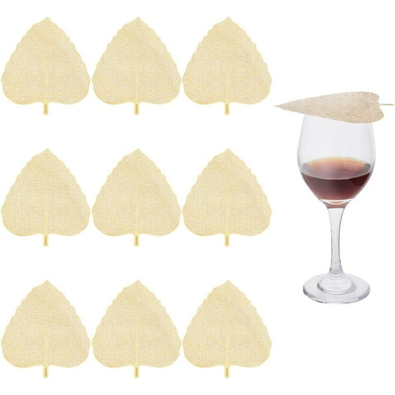 10PCS Wine Glass Topper for Drinks Ventilated Wine Glass Covers Stainless Steel Drink Covers Mesh Ventilated Cup Covers Bodhi Leaf Shape Wine Glass Covers Gold