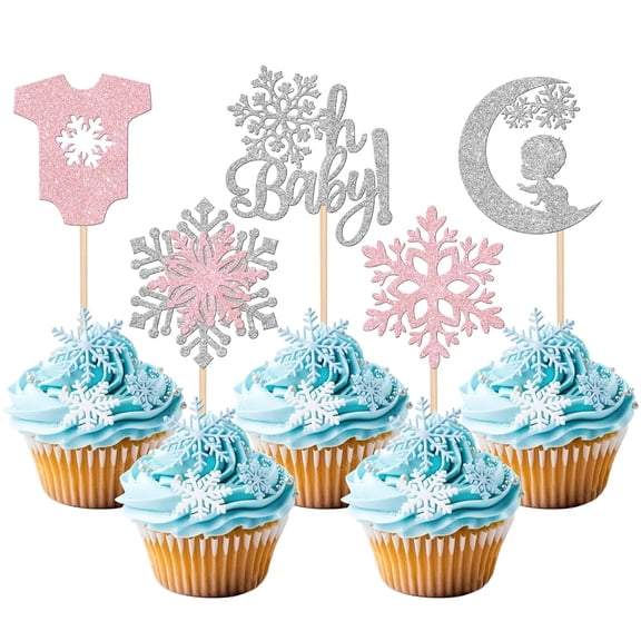 10PCS Winter Baby Shower Cupcake Toppers, Pink Silver Glitter Snowflake, Oh Baby, Moon Picks for Winter Wonderland Gender Reveal Party Supplies