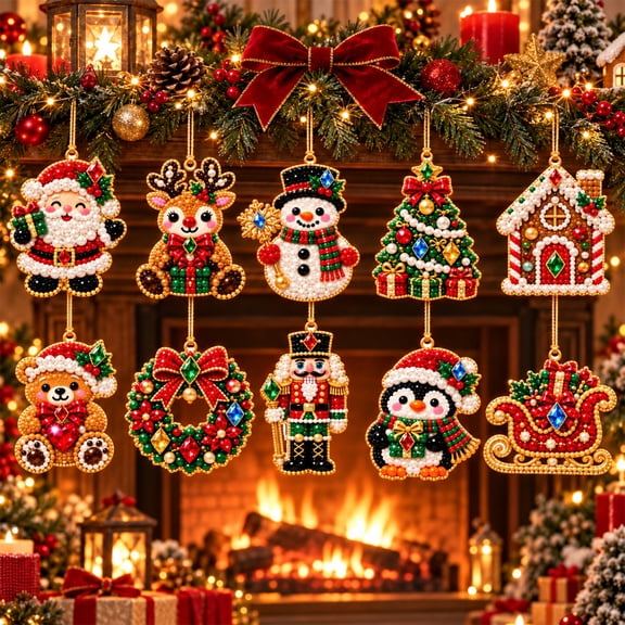 10PCS Wooden Christmas Ornaments DIY Pearl Diamond Art Kits for Adults, Christmas Diamond Painting Kit with Twine for Holiday Hanging Diamond Art Christmas Ornaments Christmas Tree Decor