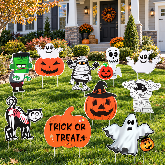 Gamexcel 10-Pack Halloween Yard Signs with Stakes, 15 x 11 in Pumpkin Ghost Monster Lawn Decor, Halloween Decorations Outdoor