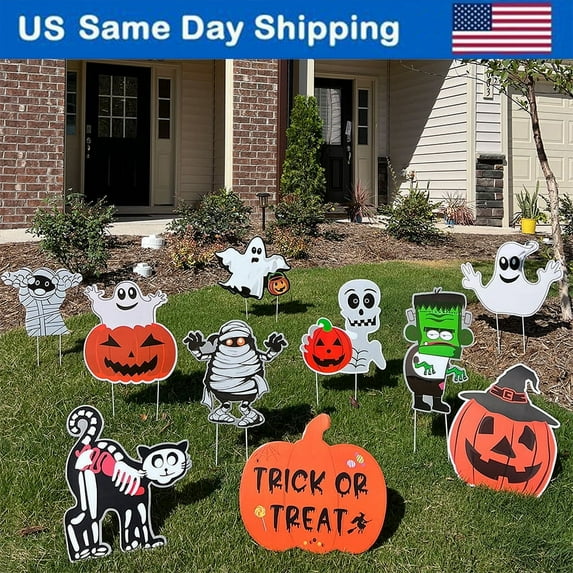 10PCS Yard Signs for Halloween Props Yard Stakes Pumpkin Ghost Monster Yard Sign Stakes Outdoor Lawn Decorations
