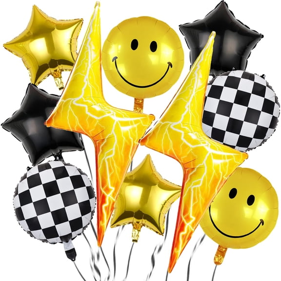 10PCS Yellow Lightning Balloons Smiley Face KKS1Balloons Checkered Balloons Helium Balloons, Smiley Face Party Decorations Theme Birthday 18 Inch Star Balloons for Birthday Wedding Decor