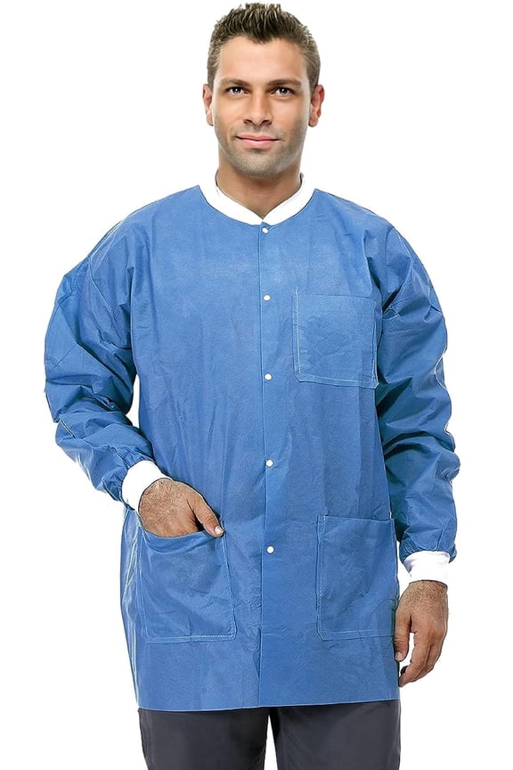 Disposable Lab Jackets, SMS Material, Hip Length, 3 Pockets, 10 Pack – Small, Blue