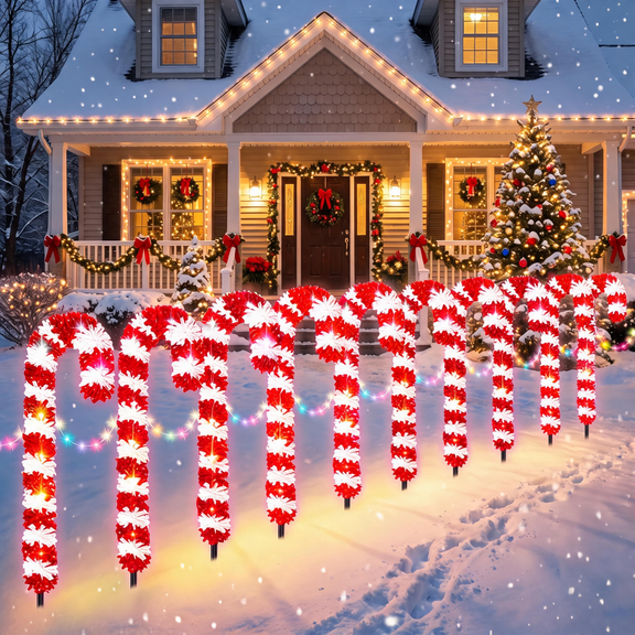 10PK 300LED 8 Modes Tinsel Christmas Candy Cane Lights Outdoor Lighted Holiday Stake Lights Plug in Light Up Pathway Front Door Christmas Decoration