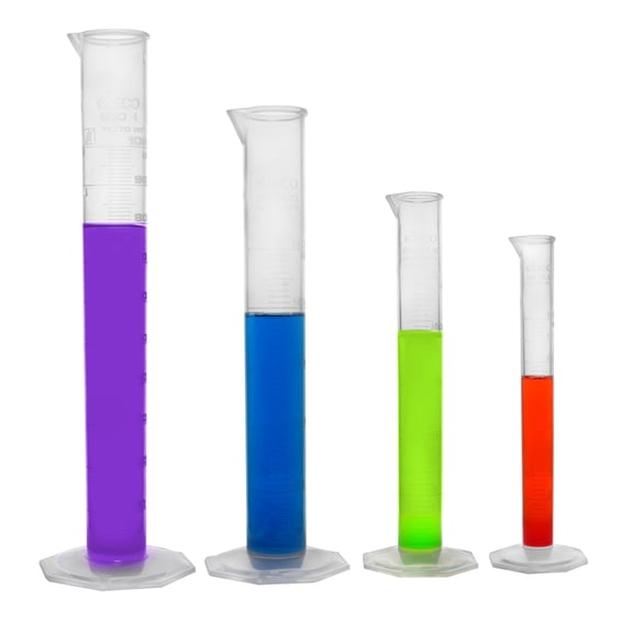 10PK Graduated Cylinder Set - 10mL, 25mL, 50mL & 100mL (40 Cylinders Total) - Class B - Octagonal Base - US Sourced Polypropylene - Industrial Quality, Autoclavable - Classroom Pack - Eisco Labs