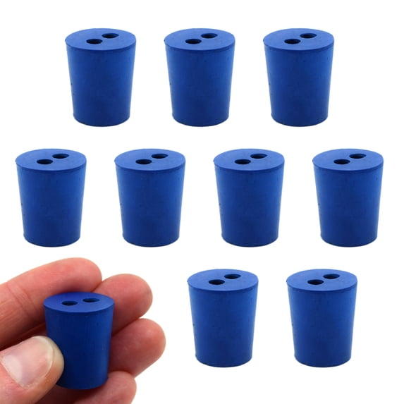 10PK Neoprene Stoppers, 2 Holes - Blue - Size: 15mm Bottom, 18mm Top, 24mm Length - Suitable for use with Petroleum, Oils, Inorganic Acids and Bases - Eisco Labs