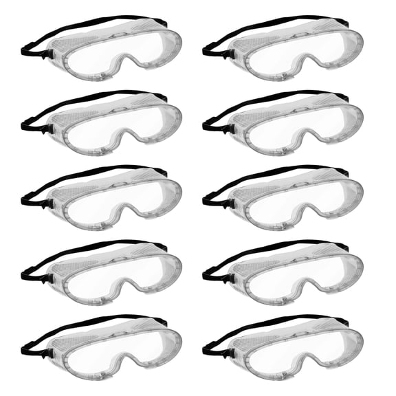 10PK Safety Goggles - Vented, Anti-Fog, UV Protection - Flexible Vinyl Frame, Pliable Nose Bridge - Adjustable Fit - Fits Over Eyeglasses - Chemical Splashes & Dust Protection - Eisco Labs