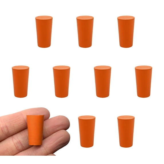 10PK Solid Rubber Stoppers - Size: 11mm Bottom, 14mm Top, 24mm Length - Orange - Superior Quality, Solid Rubber - Resistant to Acid, Alkali & Ammonia - Eisco Labs