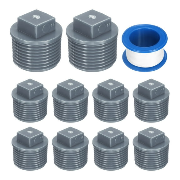 10Pack 3/4 Inch PT Male Thread Pipe Fitting Plug, Cleanout Plugs, Water Drain End Caps Coupling Adapter with Tape for Water Heater Supply Lines, Plumbing, Gray