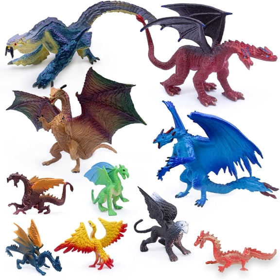 10Pack 5 Inch and 3 Inch Dragon Toy Figures, Assorted Colors and Styles Mini Mythical Figurines for Kids Birthday Cake Decorations Christmas Halloween Dragon Theme Party Favors