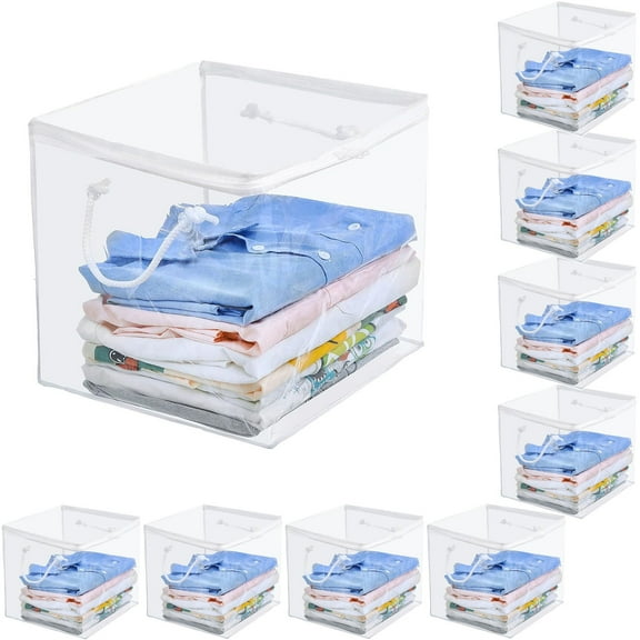 10Pack Clear Zippered Storage Bags with Handles, PVC Storage Cube with Two-way Zipper, Foldable Closet Organizer Bed Sheet Organizer, Plastic Moving Bag Bin for Clothes, Towel, Sweater