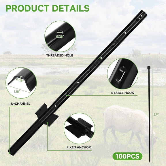 10Pack Fence Posts 3Ft in Bulk, Metal Fence Stakes Black Fencing Pole Heavy Duty T Post for Garden Wire Fencing, Black