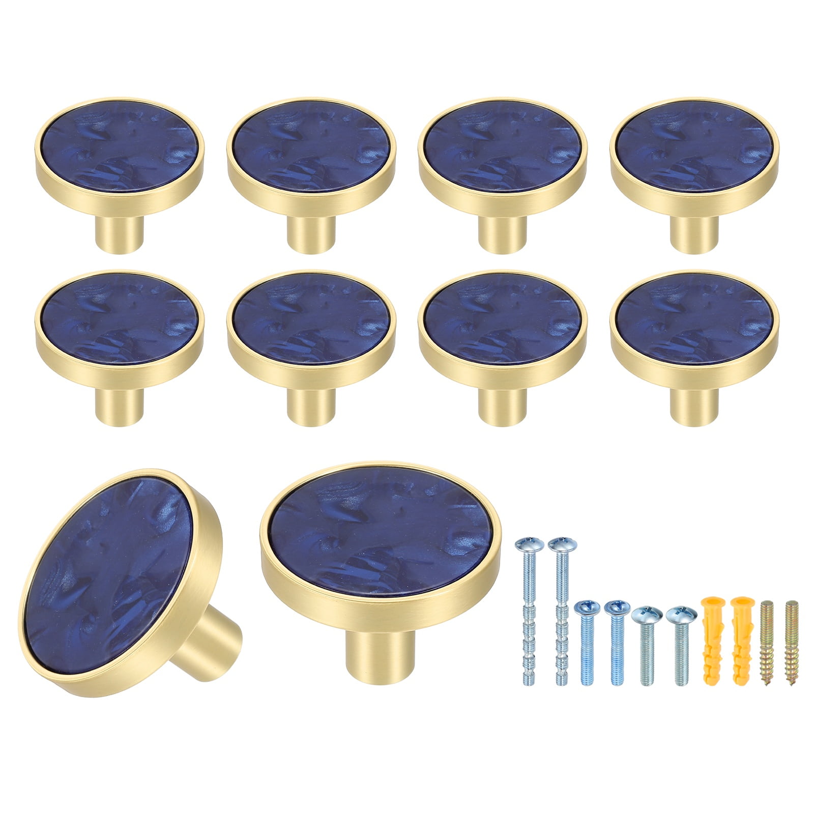 10Pack Gold Cabinet Knobs 1-1/4" Round Knobs Cabinet Handles, Sapphire Blue