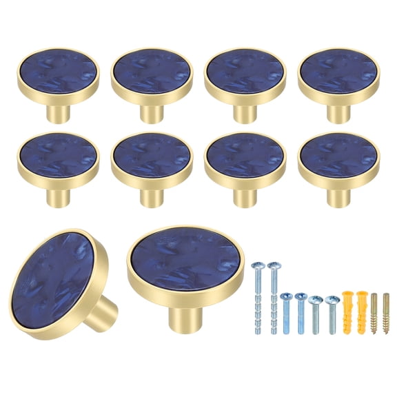 10Pack Gold Cabinet Knobs 1-1/4" Round Knobs Cabinet Handles, Sapphire Blue