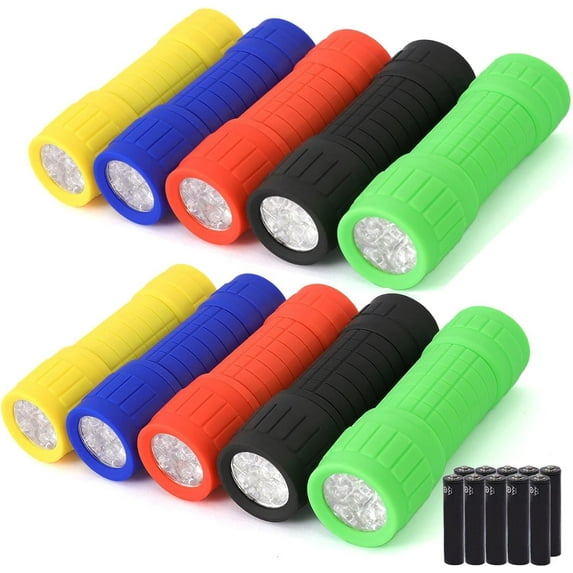 10Pack Mini Flashlights Set, 9-LED Small Flashlight for Kids, 5 Colors, with Lanyard and 30 AAA Batteries Included, Perfect for Night Reading Party Camping Hunting Emergency