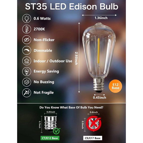 10Pack ST35 LED String Light Bulbs Replacement, 0.6W E12 LED Edison Light Bulb for Outdoor String Light (E12 / C7 Screw Base Sockets), Warm White 2700K, Dimmable