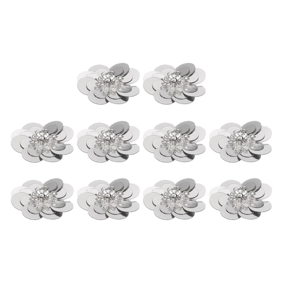 10Pack Sequin Beaded Flowers Patches, Paillette Crystal Applique, Silver