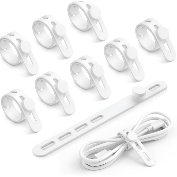 10Pack Silicone Cable Ties Cord Organizer Wrap Reusable Elastic Adjustable Wire Ties Management with Lock Buckle, Charger Cable Strap Tie, Electrical Cord Keeper for Travel Home, White