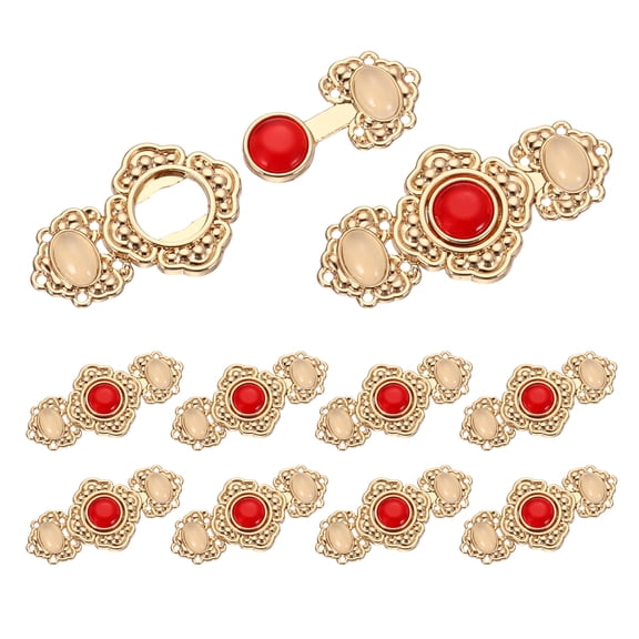 10Pack Vintage Flower Sewing Button with Gems, Cloak Clasp Fasteners Hooks and Eyes Cardigan Clip for Cheongsam Han Suit Shawl Decoration, Red