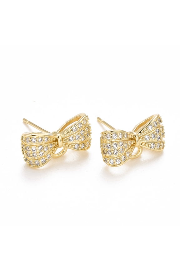 10Pair Rack Plating Brass Micro Pave Cubic Zirconia Earring Findings with Loop Cadmium Free & Lead Free Long-Lasting Plated Bowknot Real 14K Gold Plated 8x15x5mm Hole: 1.7mm Pin: 0.8mm