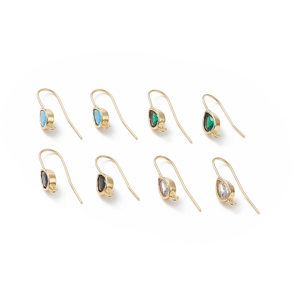 10Pair Real 18K Gold Plated Brass Earring Hooks with Cubic Zirconia and Vertical Nickel Free & Lead Free Mixed Color 24~25mm Pendant: 11x6mm Hole: 1.2mm