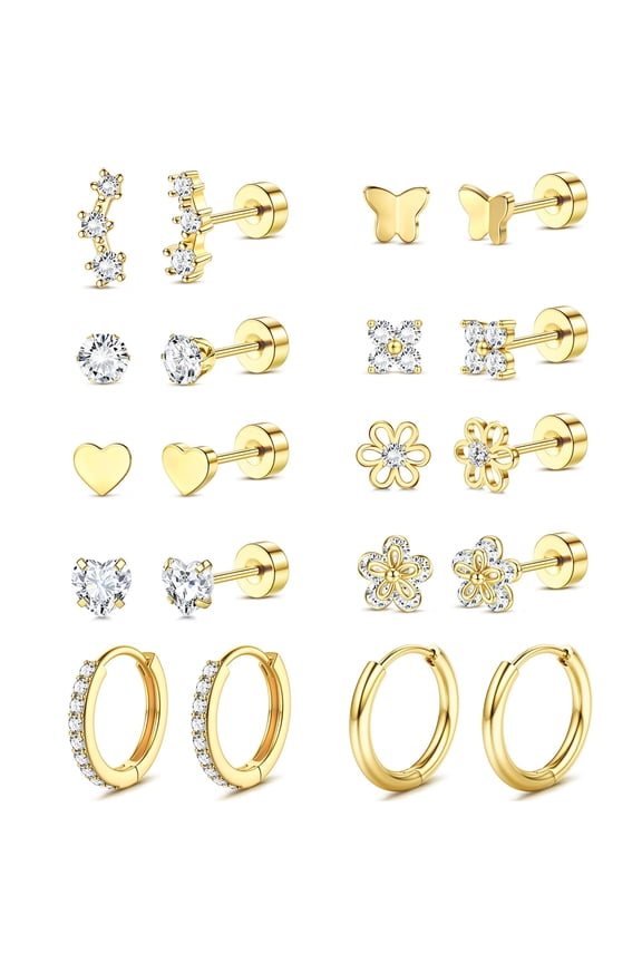 10Pairs Flat Back Earrings for Women Hypoallergenic Gold Hoop | Surgical Stainless Steel Earrings for Sensitive Ears Heart Flower Stud Earring Set Small Huggie Hoop Cartilage Earring Stack