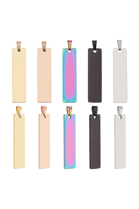 10Pc 5 Colors PVD Vacuum Plating 304 Stainless Steel Pendants Laser Cut Mirror Polished Finish Stamping Blank Tag Rectangle 48x12x1.4mm Hole 6mm