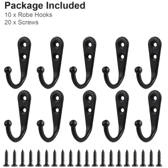 10Pc Homng Heavy Duty Wall Mounted Coat Hooks, Black Metal Hooks with 20 Screws for Mudroom Backpack Robe Hat Towel, Space Saving Organizer