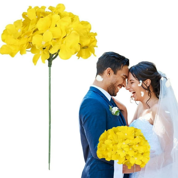 10Pc Yellow, Silk Hydrangea Heads Artificial Flowers Heads with Stems for Home Wedding Decor Pack of 10 (Ten Artificial Flowers)