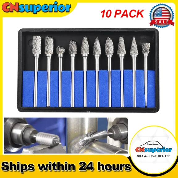 10Pcs 1/4 Head Tungsten Carbide Double Cut Rotary Burr Set W/ 1/8 Inch Shank Bit