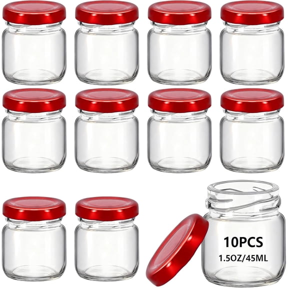 10Pcs 1.5oz Mini Glass Round honey Jars, Jam Honey DipperWedding FavorsBaby FoodCandleCrafts Canning JarGlasses jar 45ml (10, Red lid, Mini)