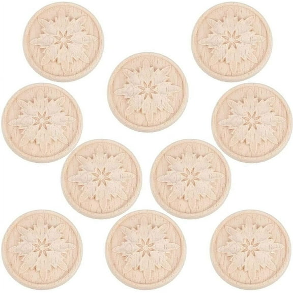 10Pcs 1.8 Inch Wood Carved Appliques Flower Round Onlay Unpainted Carvings Wooden Decals Small Ornament Piece Corner Edge Applique Crafts Addition for Door Cabinet Furniture Home DIY Decor