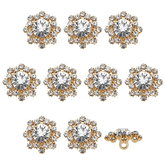 10Pcs 1-Hole Alloy Glass Buttons Flower Golden Clear 16.5x17x9.5mm Hole: 2mm