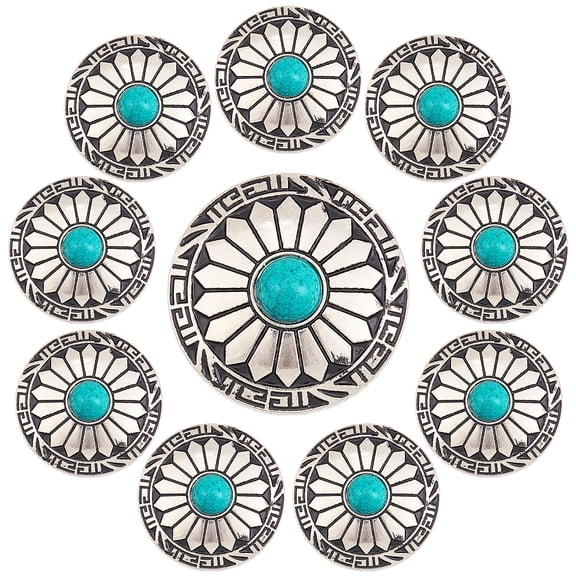 10Pcs 1-Hole Turquoise Buttons Western Conchos Screw Back Round Metal Decorative Conchos Flat Round with Sunflowers Pattern