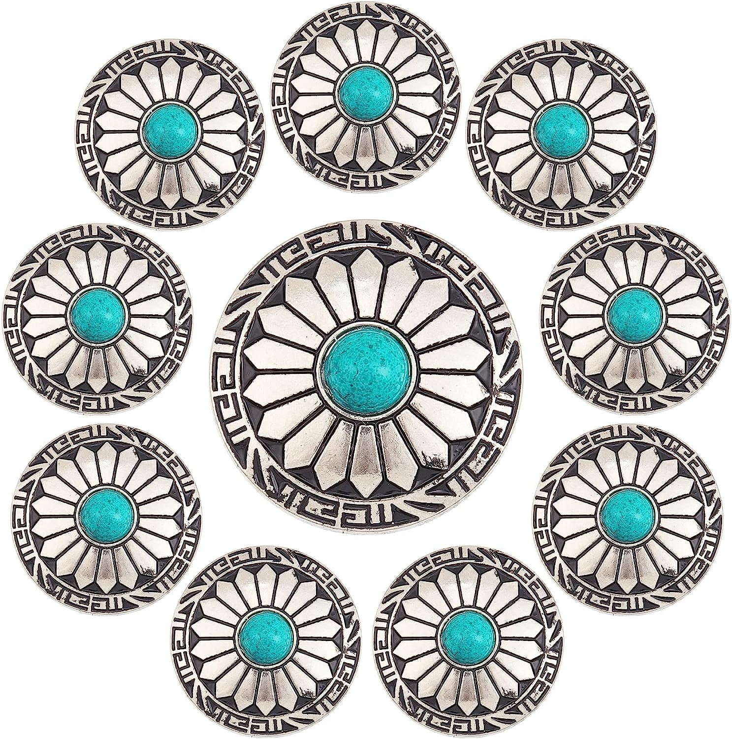 GORGECRAFT 1 Scatola 12 Pezzi Bottoni A Vite Posteriori 30mm Forma Rotonda Conchos Nero Turchese Artificiale Bottoni Vintage Girasole Viti Decorative Rivetti Fibbie Bottoni Di Ricambio Per Decorazioni