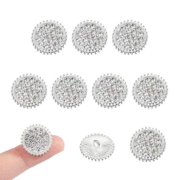 10Pcs 1-Hole Zinc Alloy Rhinestones Flat Round Buttons for Clothing Accessories Silver 17.5x7mm Hole: 2mm