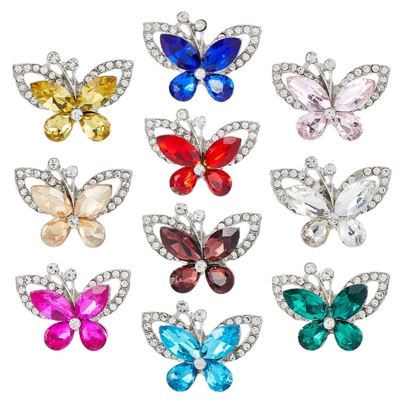 10Pcs 10 Colors Alloy Rhinestone Cabochons with Glass Butterfly Mixed Color 20.5~22x27~29x6.5~7mm 1pc/color